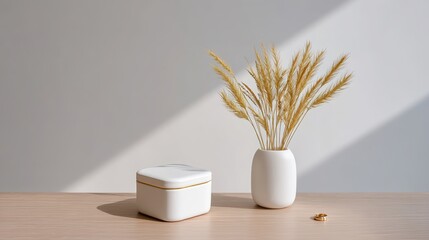 weekday wedding vibes A minimalistic scene featuring a vase with dried grass and a small box on a wooden surface.