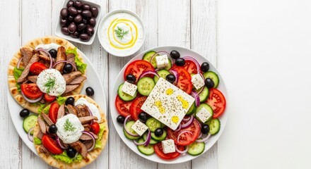 Delicious Greek food spread featuring gyros, a fresh Greek salad with feta, olives, and tzatziki sauce on a white wooden background, perfect for a healthy Mediterranean meal.