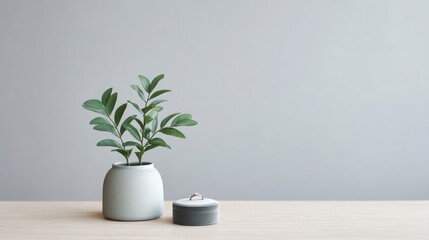 weekday wedding vibes A minimalist arrangement featuring a plant in a gray pot against a simple backdrop.