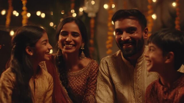 Happy fun asian people. Joyful multi-generational Indian family gathering, celebrating festival, india holiday. Celebration, togetherness, cultural tradition concept, greeting card. Evening together.