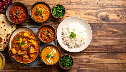 Assorted Indian curries and rice on a wooden table