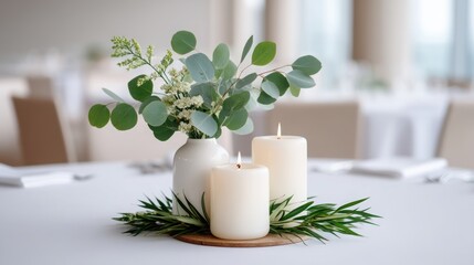 weekday wedding vibes A serene table setting featuring candles and greenery in an elegant arrangement.