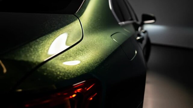 A detailed close-up of a luxury car's body with a sparkling green chameleon paint finish
