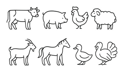 Line art farm animals: cow, pig, chicken, sheep, goat, horse, duck, turkey