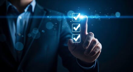 A person in a suit touching a digital screen with glowing check mark boxes on it