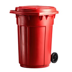 A Bright Red Trash Can with Wheels; Ideal for Waste Disposal, Reinforcing Cleanliness and Convenience in Urban Environments and Daily Living