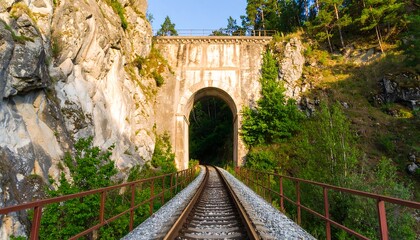 Scenic railway tunnel through rocky mountains