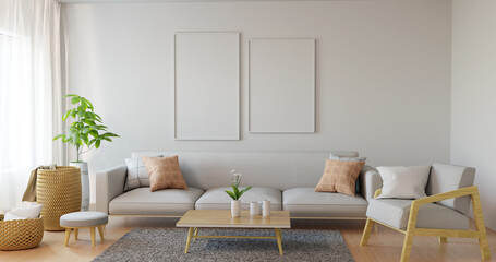 Modern living room with gray sofa and wooden table