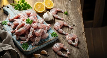 Raw frog legs on a rustic wooden board, garnished with fresh lemon, garlic, and parsley, ready for a gourmet meal preparation. A traditional culinary delicacy.