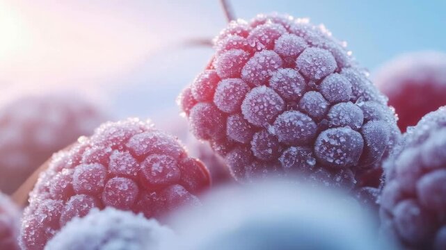 Frozen Raspberry Macro Frosty Berry Cold Dessert Closeup Natural Fruit Icy Surface Fresh Healthy Sweet Vibrant Color Morning Light Blue Background