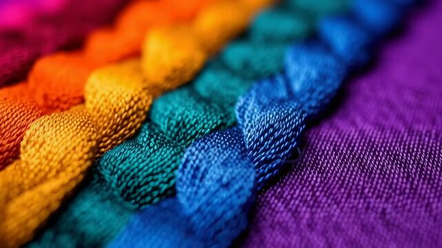 Colorful braided textile pattern with vibrant threads orange, yellow, green, blue, and purple, closeup detail showing texture and creative woven