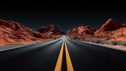 Empty road stretches into a dramatic desert landscape at night. Red rock mountains frame the asphalt highway, dark sky overhead