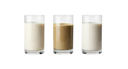 Three glasses of milk and coffee isolated on transparent background