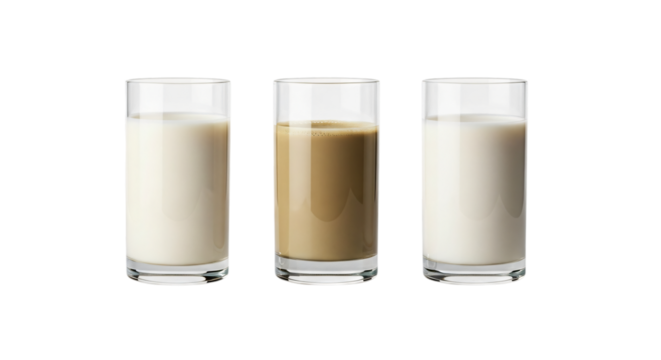 Three glasses of milk and coffee isolated on transparent background
