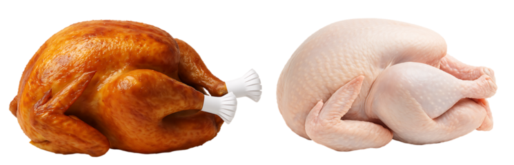 Roasted turkey with paper decorations on legs. Festive dinner. Thanksgiving. Traditional cuisine.
Raw plucked turkey. Cooking preparation. Culinary. Fresh meat.