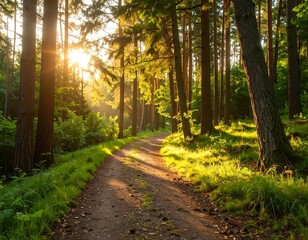 Sunlight path through a lush forest