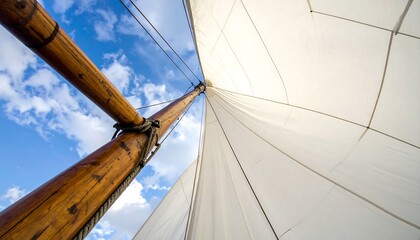 Sailing ship's mast and sail against a partly cloudy sky