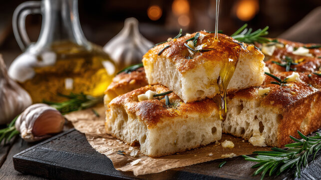 Golden focaccia bread drizzled with olive oil, garnished with rosemary and garlic, on rustic wooden board - Powered by Adobe