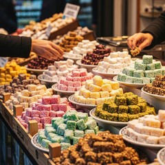 Fototapeta premium A vibrant and colorful display of traditional Turkish delight (lokum) in a market, with hands reaching for the sweet treats, showcasing a variety of flavors and textures.