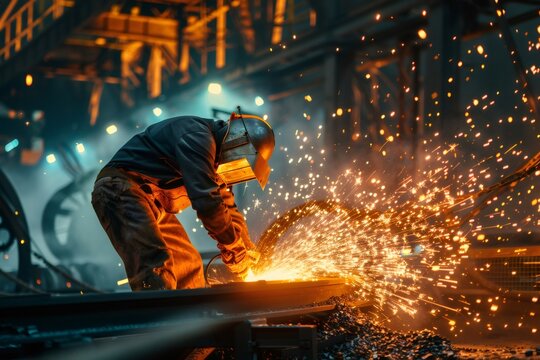 Industrial worker cutting metal and producing sparks in a steel mill - Powered by Adobe