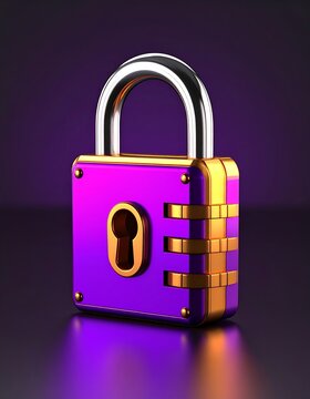 3D illustration of a vibrant purple and gold padlock