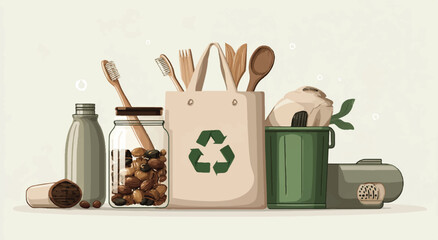 Sustainable lifestyle concept featuring reusable items such as bag glass jar and eco friendly kitchen tools promoting zero waste living