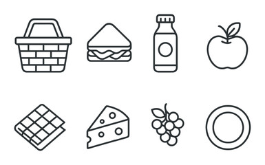 Simple line icons of picnic and food items on gradient background