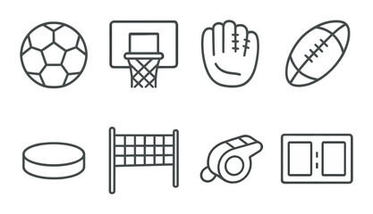 Collection of sports icons: basketball, football, soccer, volleyball, and more