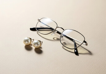 Elegant minimalist flat lay of gold cufflinks and eyeglasses on a textured surface