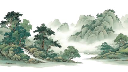 Tranquil Green Landscape Painting with Mist and Water