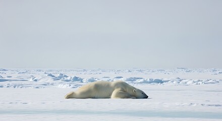 Naklejka premium A polar bear rests on the vast, icy expanse of the Arctic, its white fur blending with the snow-covered landscape under a clear sky.