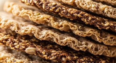 Macro shot of stacked multi-grain crackers or flatbreads, rich in texture and covered with various healthy seeds like sesame and flax. Emphasizes wholesome, crunchy snack food.