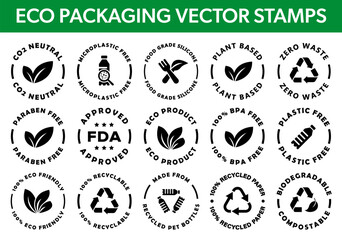 Vector stamps for eco recyclable packaging or box. Biodegradable and compostable container labels.