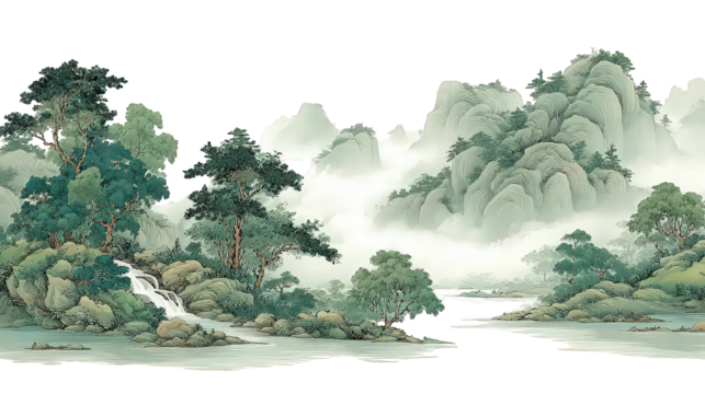 Tranquil Green Landscape Painting with Mist and Water