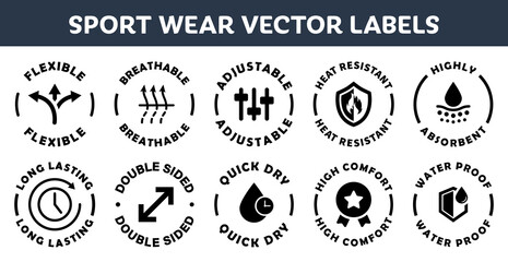 Sport and outdoor active wear signs - material properties vector labels.