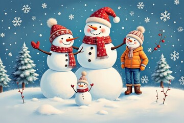 Happy snowman family celebrating winter holidays together outdoors