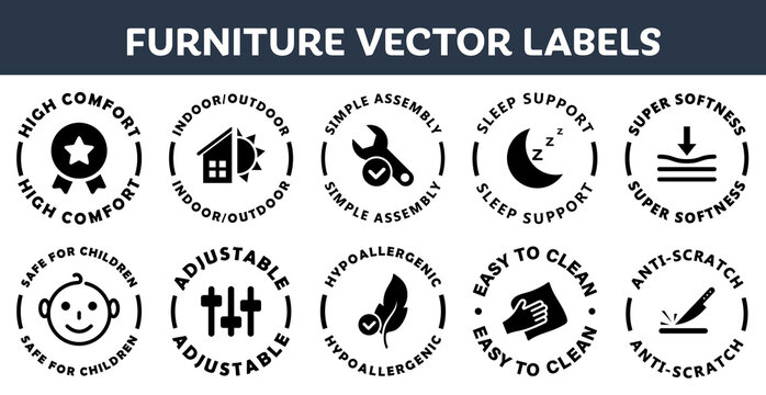 Furniture properties label vector collection.