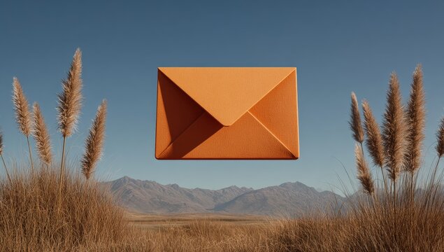 Orange envelope floats, desert landscape, pampas grass, communication