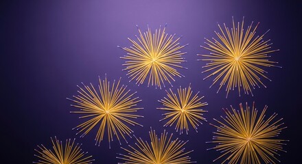 Fototapeta premium Golden spaghetti noodles arranged in radiating starburst patterns on a dark purple background, creating an abstract and artistic culinary composition.