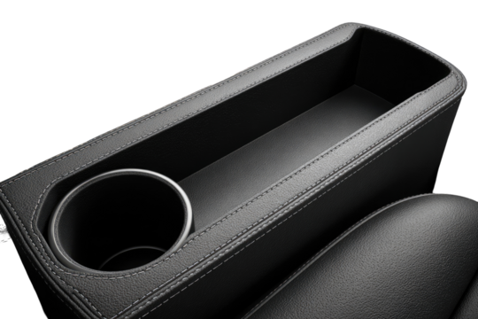 Dark gray car console storage compartment with cup holder