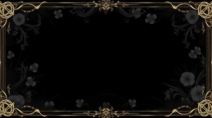 Elegant black background with ornate golden floral border and subtle silhouettes