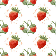 Strawberry seamless Pattern with transparent Background. Hand drawn watercolor illustration.