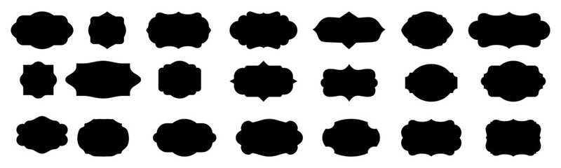 Black decorative label silhouettes, vintage frame shapes, retro outline badge, ornate geometric borders. Vector set