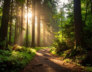 Sunlight streams through a misty forest path (1)