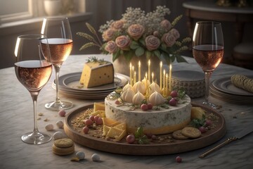 Elegant wine glasses and cheese platter with birthday cake centerpiece illustration