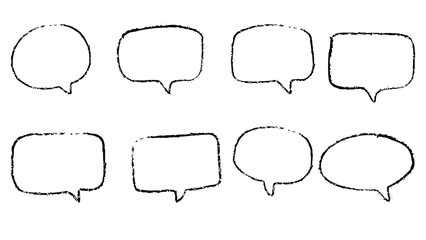 Fototapeta premium Hand drawn speech bubble, doodle talk and thought balloon, comic dialogue cloud elements, sketched message frame icons. vector set