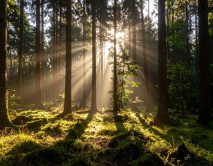 Sunlight streams through a misty forest (2)