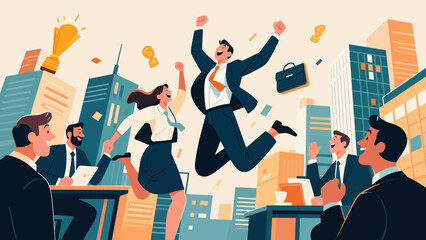 Business figures joyfully jump to celebrate success, joyfully throw punches to encourage, hand-drawn vector illustrations