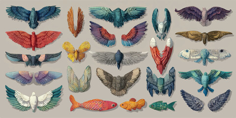 Whimsical Assemblage of Handcrafted Wing and Fish Sculptures with Detailed Textures and Vibrant Color Palettes