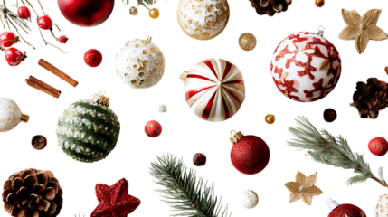 Festive christmas ornaments and decorations isolated on transparent background.